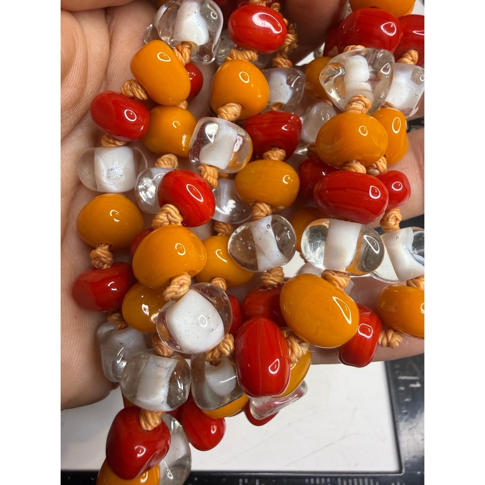 Handmade Knotted Glass Bead Necklace Red Orange Clear White Continuous Strand
